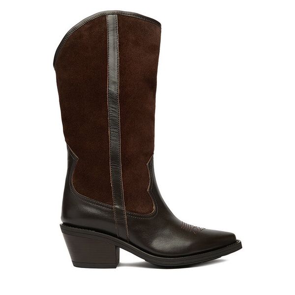 Kowbojki Badura. Brązowe kozaki damskie Badura, bez obcasa, na słupku. Za 369.99 zł.