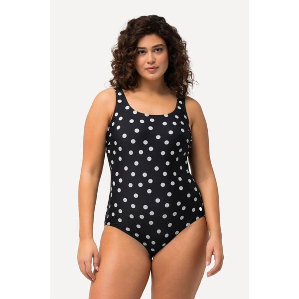 Damskie Kostium kąpielowy kropki bez miękkich miseczek okrągły dekolt. Czarne stroje jednoczęściowe damskie Ulla Popken, plus size, bez wzorów, plus size. Za 199.99 zł.