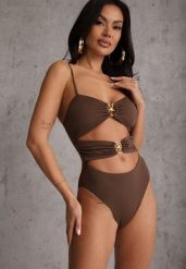 Brązowy Jednoczęściowy Strój Kąpielowy Na Cienkich Ramiączkach ze Złotymi Ozdobami i Wycięciami Nonanoe. Brązowe stroje jednoczęściowe damskie Renee, l, bez wzorów, plus size. Za 109.99 zł.