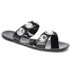 Czarne Klapki Moow Eleganckie Buty Na Lato. Czarne klapki damskie Moow, bez wzorów, ze skóry ekologicznej, bez obcasa. Za 116.99 zł.