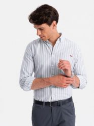 Koszula męska REGULAR FIT w białe paski z kieszonką – szara V1 OM-SHOS-0171 - XXL. Szare koszule męskie Ombre Clothing, l, bez wzorów, z bawełny, bez kołnierzyka, bez ramiączek. W wyprzedaży za 119.99 zł.