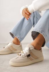 Beżowe Sneakersy Typu Tenisówki Ozdobione Koralikami Daemeli. Brązowe trampki i tenisówki damskie Renee, bez wzorów, z jeansu. Za 99.99 zł.
