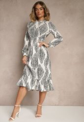 Biała Rozkloszowana Sukienka w Etniczny Print z Gumką w Talii i Falbanką Napirea. Białe sukienki damskie Renee, na co dzień, m, bez wzorów, eleganckie, bez kołnierzyka, bez ramiączek, midi, rozkloszowane. W wyprzedaży za 76.99 zł.