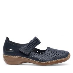 Półbuty Rieker. Niebieskie półbuty damskie Rieker, bez wzorów, bez obcasa, na płaskiej podeszwie. Za 299.99 zł.