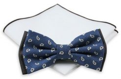 Granatowa Mucha, Wzór Paisley + Biała Poszetka - Chattier, Męska. Niebieskie krawaty i muchy męskie Chattier, bez wzorów, eleganckie. Za 59.00 zł.