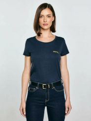 Koszulka damska z brokatowym nadrukiem granatowa Merra 403. Niebieskie t-shirty damskie Big Star, l, bez wzorów, z dzianiny, bez kołnierzyka. Za 89.99 zł.