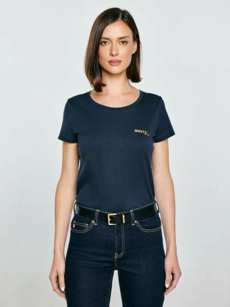 Koszulka damska z brokatowym nadrukiem granatowa Merra 403. Niebieskie t-shirty damskie Big Star, l, bez wzorów, z dzianiny, bez kołnierzyka. Za 89.99 zł.