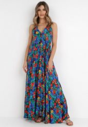 Niebieska Sukienka Artasia. Niebieskie sukienki damskie Born2be, na lato, l, z aplikacjami, boho, bez kołnierzyka, bez ramiączek, maxi, rozkloszowane. W wyprzedaży za 87.99 zł.