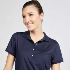 Koszulka polo do golfa damska z krótkim rękawem Inesis WW500. Niebieskie bluzki damskie INESIS, l, bez wzorów, z dżerseju, sportowe, bez kołnierzyka, bez ramiączek. Za 89.99 zł.
