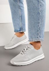 Szare Skórzane Buty Sportowe na Płaskiej Podeszwie ze Skórzaną Wkładką Ozdobione Perforacją Falali. Szare buty sportowe na co dzień damskie Renee, z aplikacjami, z jeansu. Za 149.99 zł.