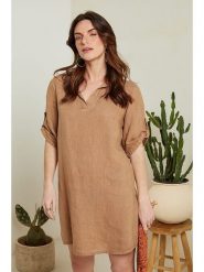 Le Monde du Lin Lniana sukienka w kolorze karmelowym rozmiar: 36/38. Brązowe sukienki damskie Le Monde du Lin, bez wzorów, ze lnu, klasyczne, bez kołnierzyka, bez ramiączek, mini. Za 130.99 zł.