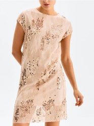 Sukienka mini z cekinami - kremowy. Białe sukienki damskie Sinsay, l, bez wzorów, bez kołnierzyka, bez ramiączek, mini. Za 59.99 zł.