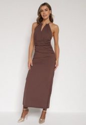 Brązowa Sukienka Koktajlowa z Dekoltem Halter i Odkrytymi Plecami Sewrina. Brązowe sukienki damskie Born2be, na wesele, m, bez wzorów, z jedwabiu, eleganckie, bez kołnierzyka, bez ramiączek, maxi. Za 129.99 zł.