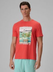 4F T-shirt regular z nadrukiem męski - koralowy L. Pomarańczowe t-shirty męskie 4f, l, bez wzorów, z bawełny, bez kołnierzyka. Za 79.99 zł.