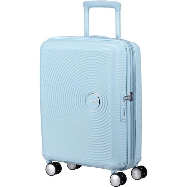Walizka turystyczna Soundbox Spinner 55 TSA EXP 35,5L. Niebieskie walizki AMERICAN TOURISTER, bez wzorów. Za 629.99 zł.