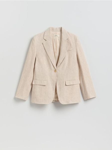 Lniana marynarka - beżowy. Brązowe marynarki i żakiety damskie Reserved, l, bez wzorów, z tkaniny. Za 399.99 zł.
