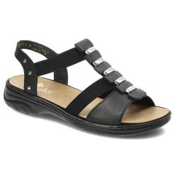 Czarne Sandały Rieker Wygodne Skórzane Buty. Czarne sandały damskie Rieker, z aplikacjami, z materiału, bez obcasa, na obcasie. Za 319.00 zł.