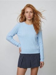 Sweter z wiskozą i fakturalnym wzorem - błękitny. Niebieskie swetry klasyczne damskie Sinsay, l, z wiskozy, bez kołnierzyka. Za 39.99 zł.