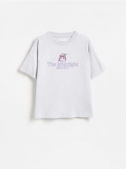 Bawełniany t-shirt Pusheen - jasnoszary. Szare koszulki dziewczęce Reserved, bez wzorów, z bawełny, bez ramiączek. Za 39.99 zł.