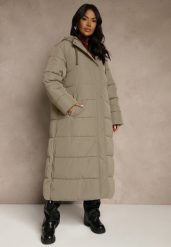 Zielona Długa Kurtka Zimowa z Pikowanymi Przeszyciami Kapturem i Suwakami Mevanesa. Brązowe kurtki damskie Renee, na zimę, plus size, bez wzorów, z jeansu. Za 249.99 zł.