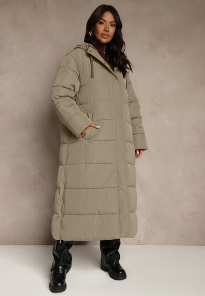 Zielona Długa Kurtka Zimowa z Pikowanymi Przeszyciami Kapturem i Suwakami Mevanesa. Brązowe kurtki damskie Renee, na zimę, plus size, bez wzorów, z jeansu. Za 179.99 zł.