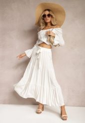 Biała Rozkloszowana Spódnica Maxi z Wiskozy z Materiałowymi Paskami Wintelis. Białe spódniczki damskie Renee, na lato, l, bez wzorów, z materiału, eleganckie, maxi, dopasowane. Za 44.99 zł.