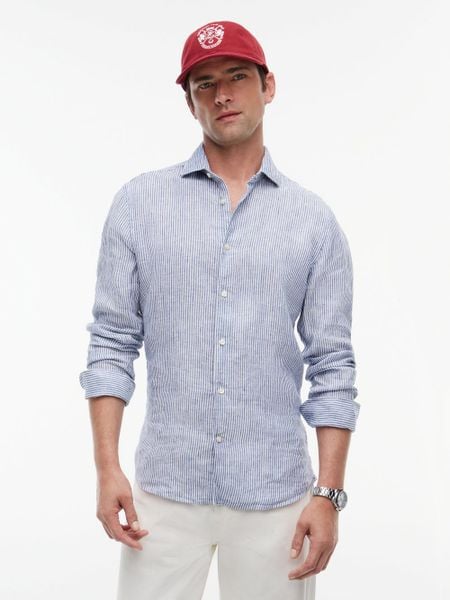Tommy Hilfiger Tailored koszula lniana Mężczyźni Slim Fit len (100%) niebieski|biały, M. Białe koszule męskie Tommy Hilfiger Tailored, na lato, m, bez wzorów, ze lnu, bez kołnierzyka, bez ramiączek. Za 479.95 zł.