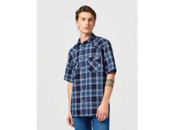 MESKA KOSZULA WRANGLER SS WESTERN SHIRT FLAMINGO INDIGO 112362947. Niebieskie koszule męskie Wrangler, m, bez wzorów, bez kołnierzyka, bez ramiączek. Za 149.99 zł.
