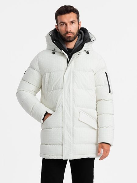 Męska długa kurtka parka ze strukturalnej tkaniny – biała V1. Białe parki męskie Ombre Clothing, l, z aplikacjami, z gumy. W wyprzedaży za 189.99 zł.