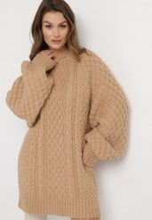 Beżowy Sweter o Wydłużonym Fasonie z Modnym Splotem Ahexa. Brązowe swetry klasyczne damskie Born2be, ze splotem, bez kołnierzyka. Za 149.99 zł.