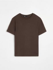 Bawełniana jednolita koszulka z krótkim rękawem - brązowy. Brązowe t-shirty damskie Sinsay, l, bez wzorów, z bawełny, bez kołnierzyka. Za 19.99 zł.