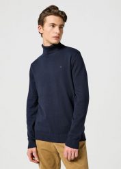 WRANGLER MĘSKA BLUZA TURTLENECK DARK NAVY 112357296 W8D8008616. Niebieskie bluzy bez kaptura męskie Wrangler, l, z bawełny. W wyprzedaży za 129.99 zł.