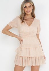 Beżowa Rozkloszowana Sukienka Mini z Krótkimi Rękawami i Błyszczącą Nitką Imaya. Brązowe sukienki damskie Born2be, na wiosnę, m, bez wzorów, z tkaniny, bez kołnierzyka, bez ramiączek, mini, rozkloszowane. W wyprzedaży za 119.99 zł.