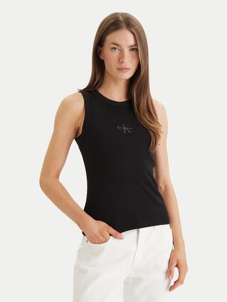 Calvin Klein Jeans Top LV047E200G Czarny Slim Fit. Czarne topy damskie Calvin Klein Jeans, s, bez wzorów, z bawełny, bez kołnierzyka. Za 119.99 zł.
