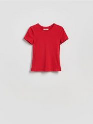 Bawełniany t-shirt slim fit - czerwony. Czerwone t-shirty damskie Reserved, l, bez wzorów, z bawełny, bez kołnierzyka. Za 25.99 zł.