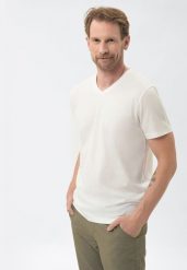 T-shirt z dekoltem w serek T-SLIT. Białe t-shirty męskie Volcano, l, bez wzorów, z bawełny, bez kołnierzyka. Za 59.99 zł.
