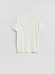 T-shirt slim fit z wiskozą - biały. Białe t-shirty męskie Reserved, l, bez wzorów, z dzianiny, bez kołnierzyka. Za 79.99 zł.