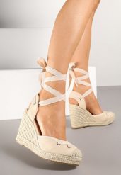 Beżowe Sandały w Stylu Espadryli na Koturnie z Plecionki z Wiązaniem Alariel. Brązowe sandały damskie Renee, bez wzorów, bez obcasa, na koturnie. Za 74.99 zł.