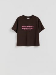 T-shirt z nadrukiem - ciemnobrązowy. Brązowe t-shirty damskie Reserved, l, bez wzorów, z bawełny, bez kołnierzyka. Za 45.99 zł.