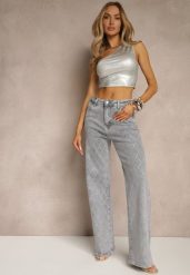 Szare Bawełniane Jeansy o Szerokim Fasonie High Waist z Cyrkoniami Melsedi. Szare jeansy damskie Renee, z podwyższonym stanem. Za 79.99 zł.