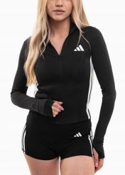 Bluza damska adidas Workout Essentials 3-Stripes Zip Through. Czarne bluzy sportowe damskie Adidas, m, bez wzorów, z elastanu, bez ramiączek, długie, bez kaptura. Za 200.99 zł.
