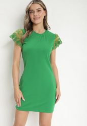 Zielona Dopasowana Sukienka z Koronkowym Rękawkiem Cidariana. Zielone sukienki damskie Born2be, na imprezę, m, bez wzorów, z koronki, eleganckie, bez kołnierzyka, bez ramiączek, mini, dopasowane. W wyprzedaży za 63.99 zł.