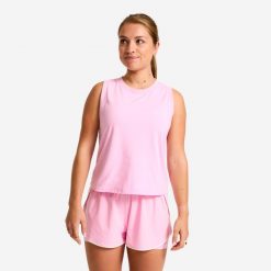 Koszulka bez rękawów damska Domyos fitness crop top. Czerwone bluzki sportowe damskie DOMYOS, na lato, m, bez wzorów, z bawełny, bez ramiączek. Za 44.99 zł.