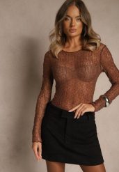 Brązowa Bluzka Lonsgleeve z Koronki Zdobiona Cyrkoniami Isoneva. Brązowe bluzki damskie Renee, m, z aplikacjami, z jeansu, eleganckie, bez kołnierzyka, bez ramiączek. Za 79.99 zł.