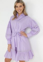 Fioletowa Koszulowa Sukienka z Bufiastym Rękawem i Ażurowymi Wstawkami Staples. Fioletowe sukienki damskie Born2be, l, w ażurowe wzory, vintage, bez kołnierzyka, bez ramiączek, koszulowe. Za 209.99 zł.