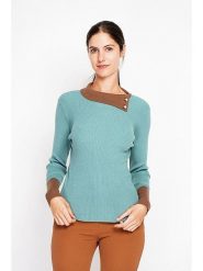 ASSUILI Sweter w kolorze turkusowo-karmelowym rozmiar: 40. Niebieskie swetry klasyczne damskie Assuili, ze splotem, bez kołnierzyka. Za 126.75 zł.