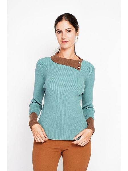 ASSUILI Sweter w kolorze turkusowo-karmelowym rozmiar: 40. Niebieskie swetry klasyczne damskie Assuili, ze splotem, bez kołnierzyka. Za 174.43 zł.