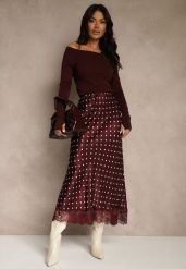 Bordowa Spódnica z Wiskozy High Waist Ozdobiona Kropkami i Koronką Monivia. Czerwone spódniczki damskie Renee, bez wzorów, z jeansu, z podwyższonym stanem, maxi. Za 149.99 zł.