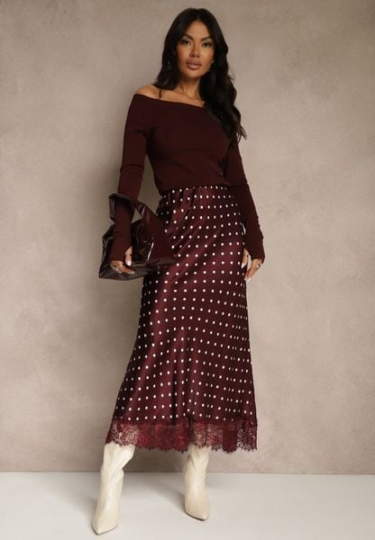 Bordowa Spódnica z Wiskozy High Waist Ozdobiona Kropkami i Koronką Monivia. Czerwone spódniczki damskie Renee, bez wzorów, z jeansu, z podwyższonym stanem, maxi. Za 149.99 zł.