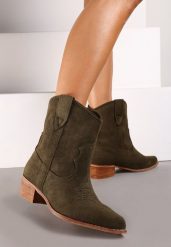 Zielone Kowbojki Botki na Niskim Obcasie z Ekozamszu Vaiyah. Zielone botki damskie Renee, z jeansu, boho, bez obcasa, na obcasie, bez zapięcia. Za 129.99 zł.